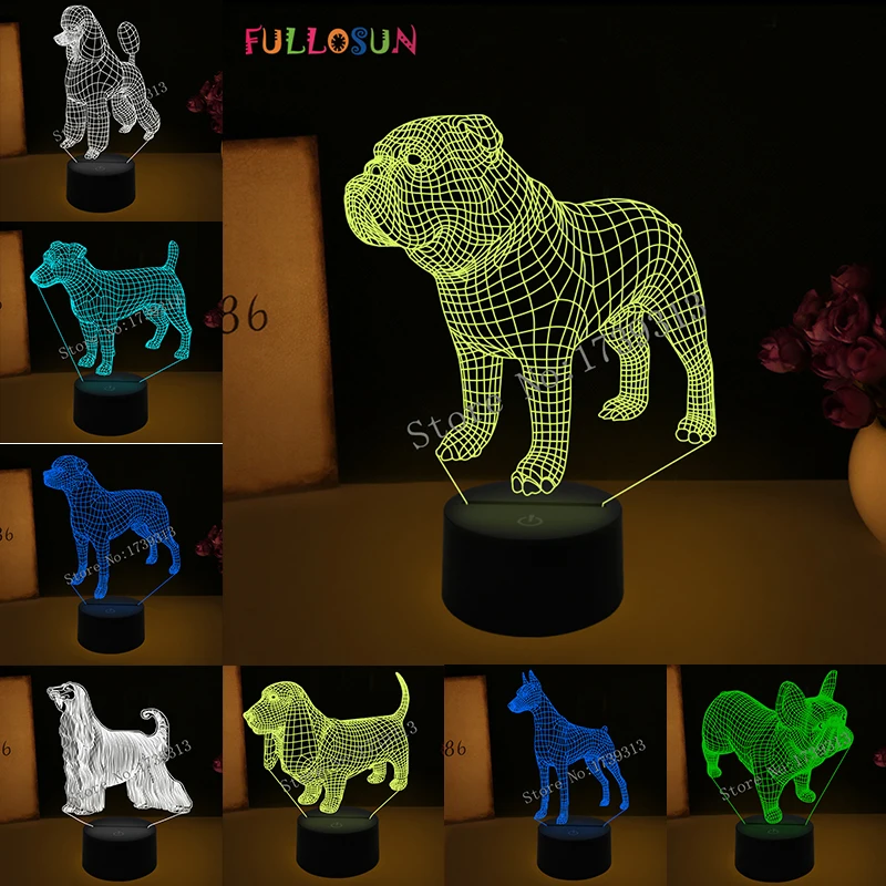 Koop 3D Visuele Illusie Lamp Bulldog Poedel Jack Russell Terrier Rottweiler Dobermann LED Kids Nachtlampje Hond Stijl Bureaulamp Lamp