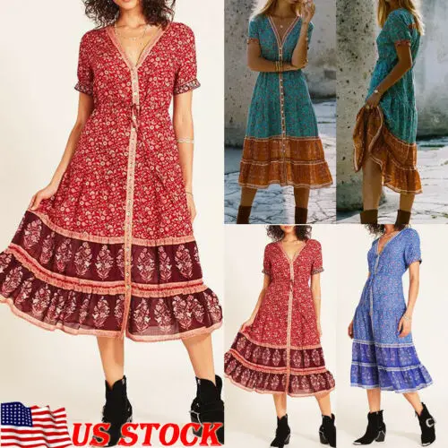 Женское длинное платье с цветочным принтом Boho вечерние платья коротким рукавом и