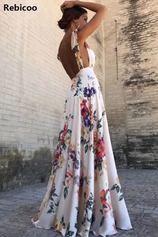 

Fashion 2018 Summer Women Maxi Dress Sexy Deep V-Neck Spaghetti Strap Long Sundress Boho Floral Print Backless Beach Dresses