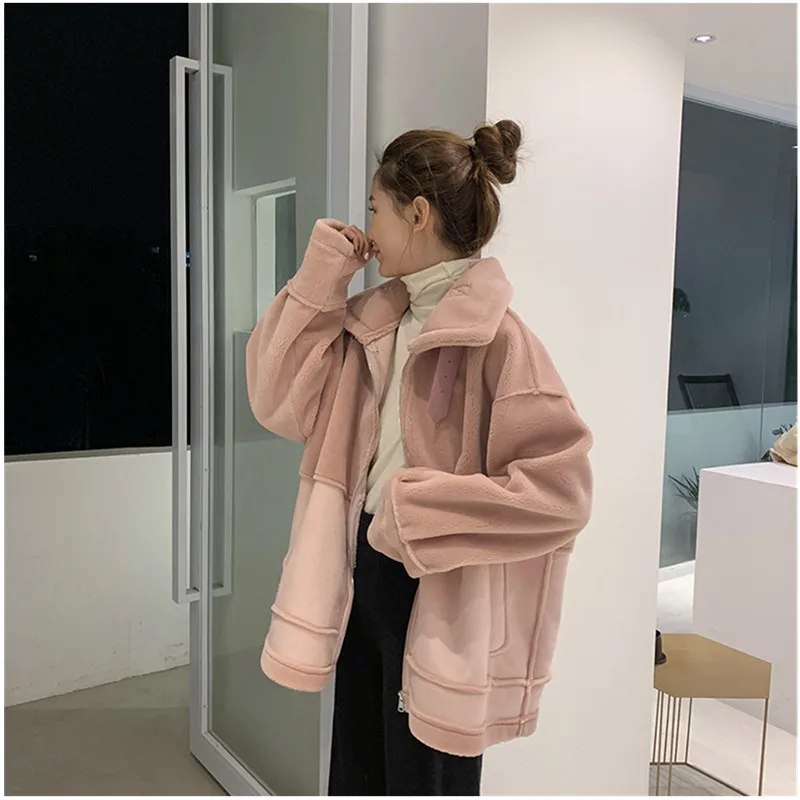 

Thicken Lamb cashmere jacket utumn Winter Long sleeve Top New Loose Suede zipper warm Cotton clothing coat student clothing 2039