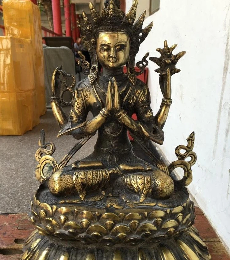 

Tibet Buddhism Copper four hands Arm Kwan-Yin Guan Yin Bodhisattva Buddha Statue