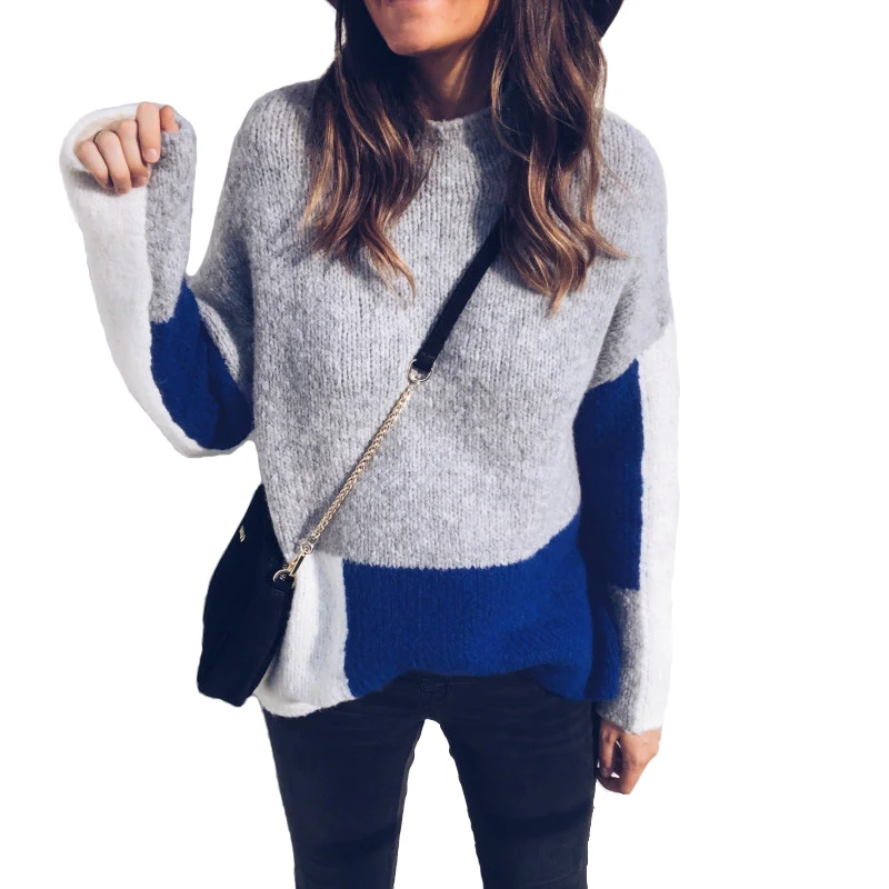Women Knitted Sweaters Casual Stitching Ladies Tops 2018 Autumn Winter New Fashion Long Sleeve O-Neck Female Clothing Hot Sale