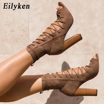 

Eilyken Flock Roman Womens Boots Ladies Open Toe High Heels Fashion Autumn Boots Sandals Peep Toe Cross-tied Women Size 35-40