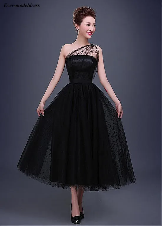 

Little Back Prom Dresses 2019 One -Shoulder Ankle-Length Dot Tulle A-Line Long Formal Party Gowns Vestidos De Festa Cheap
