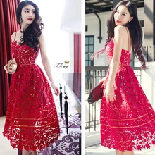 2016 New Handmade White Red Sexy Deep V neck Flower Lace font b Dress b font