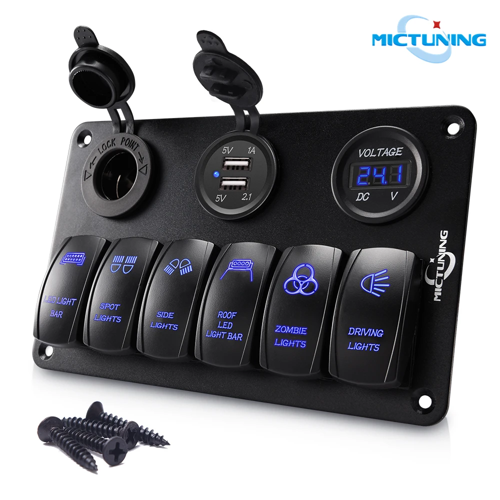 MICTUNING 6 Gang Panel de interruptor basculante con DC12V encendedor de cigarrillos enchufe cargad