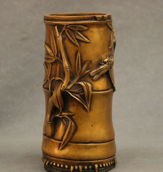 

Chinese Bronze Carved Dragonfly Bamboo Statue Cicada Pot Pencil Vase Brush Pot