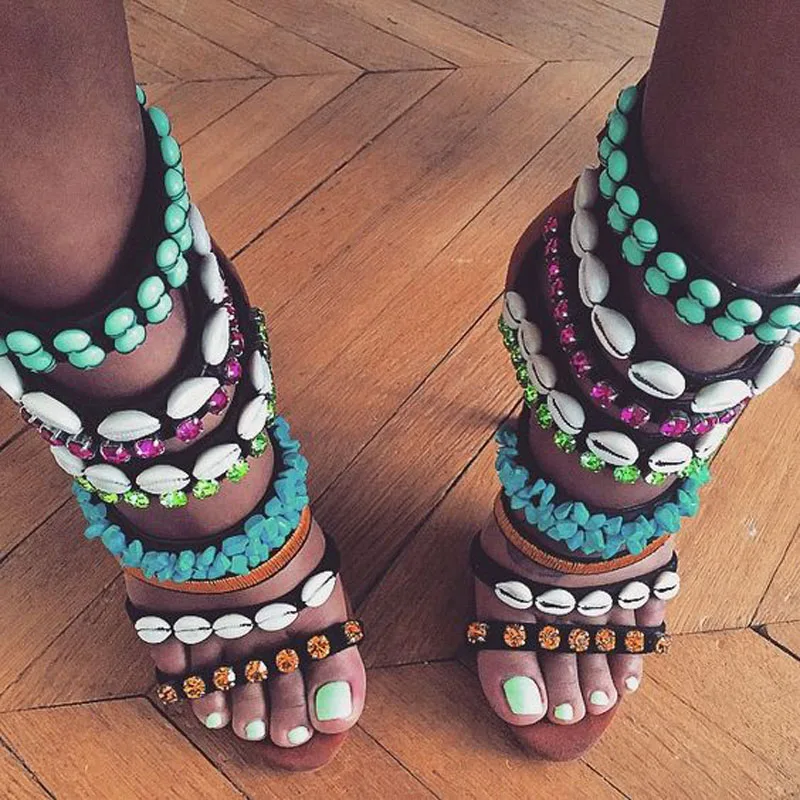 

HOT Sexy Shell Beads Multi Crystal Sewed Strappy Stiletto High Heels Sandals Women Faux Suede Mixed Colors Sandals Party Shoes