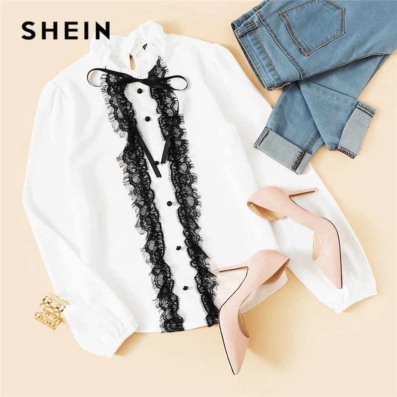 SHEIN White Tie Neck Buttoned Lace Trim Keyhole Back Blouse Elegant Frill Stand Collar Long Sleeve Tops Women 2019 Plain Blouses