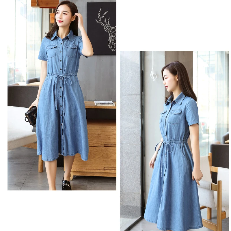 Summmer Buttons Jeans Dresses For Women Short Sleeve Denim Dress Women Fashion Pockets Elegant Slim Denim Cowboy Dress Ladies