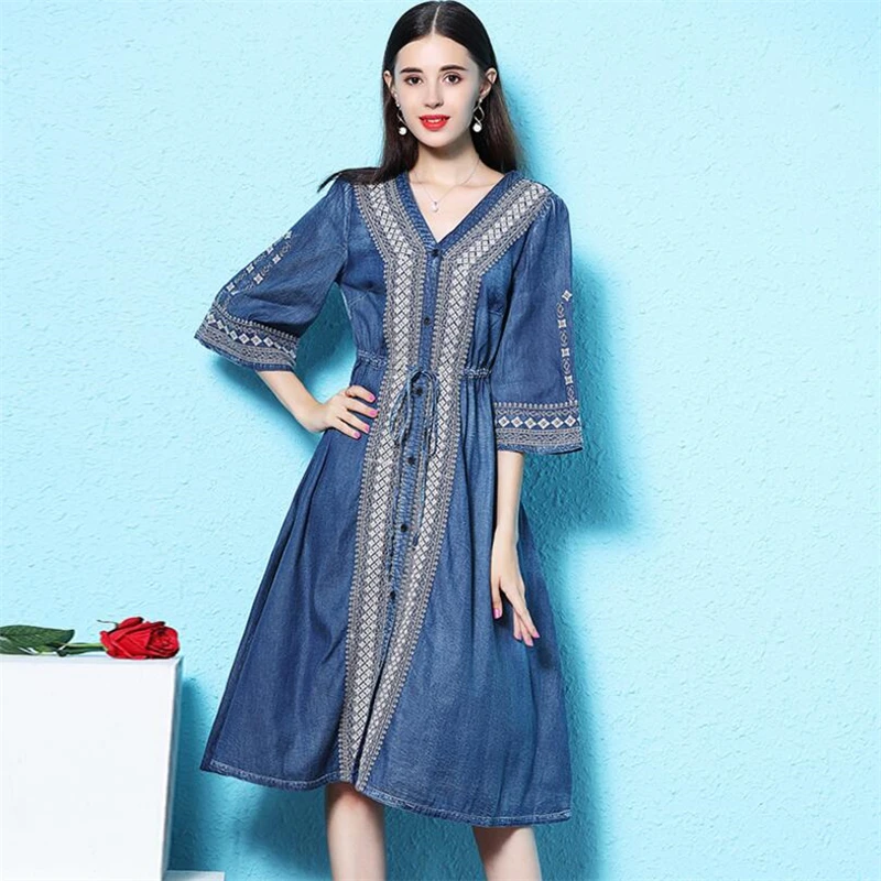 Women Spring autumn embroidered Drawstring slim waist Sexy V-neck Denim Dresses Vintage Jeans Dress Streetwear Plus Size Vestido