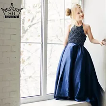 Темно-синие платья без рукавов с цветочным узором для девочек, платья с бусинами и жемчугом, сатиновые новые платья для первого причастия для девочек, Serene Hill