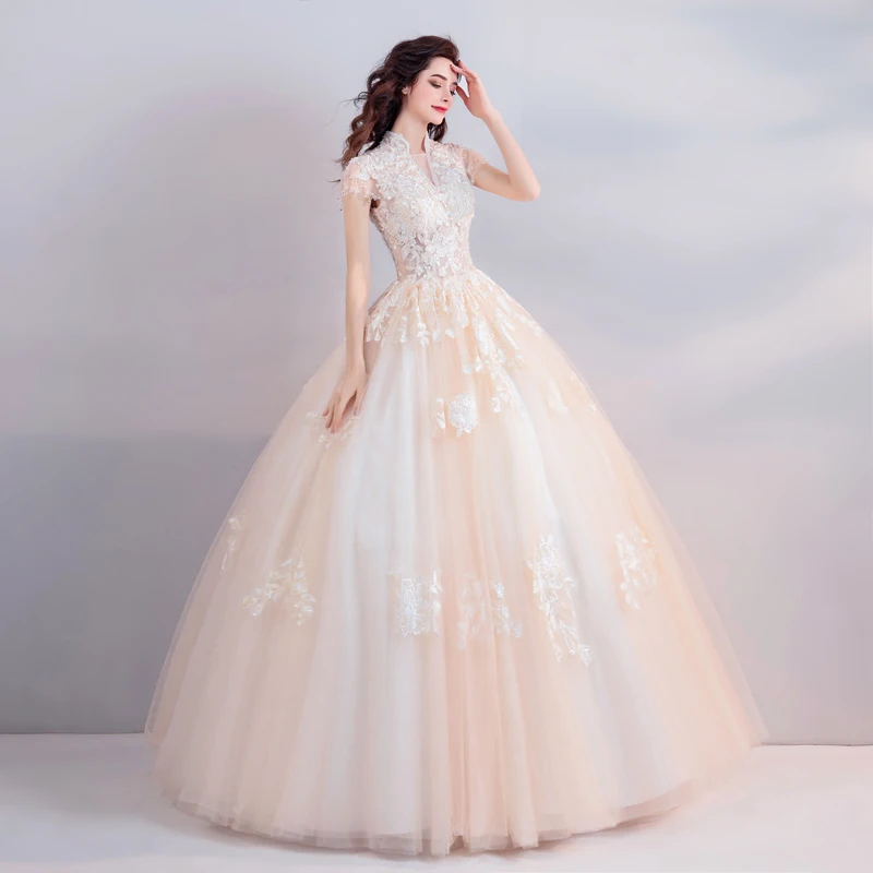 Женское свадебное платье до пола SSYFashion элегантное блестящее с высоким воротом