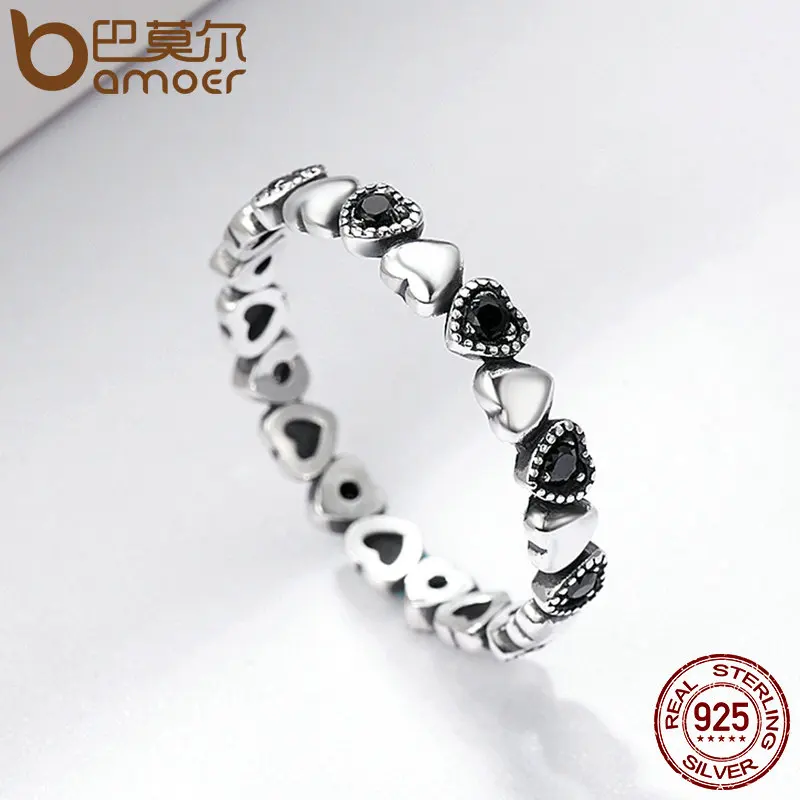 BAMOER Genuine 925 Sterling Silver Stackable Ring Heart Black CZ Finger Rings for Women Wedding Anniversary Jewelry Anel SCR140