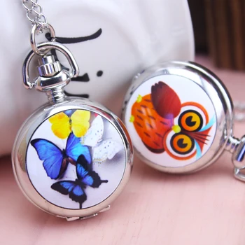 

2018 new Brand Fashion Crystal Butterfly owl Pocket women girls Pendant Necklace Chain Quartz Dress Watch ladies flip watch