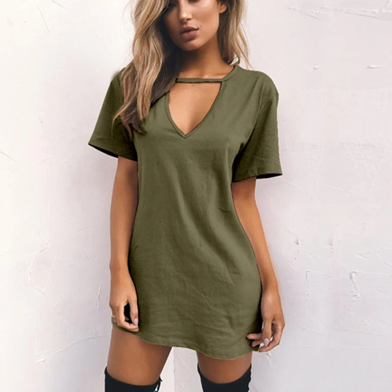 

Multicolor Fashion Solid Color V-Neck Loose Pullover Blouse Plus Size V-neck Short Sleeve Triangle Hollow Halter T-Shirt Dress