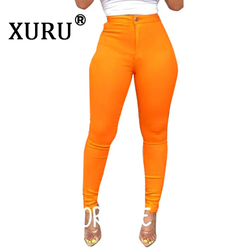 

XURU summer new women's tight-fitting jeans sexy high-elastic solid color casual jeans button pull, washed pencil jeans