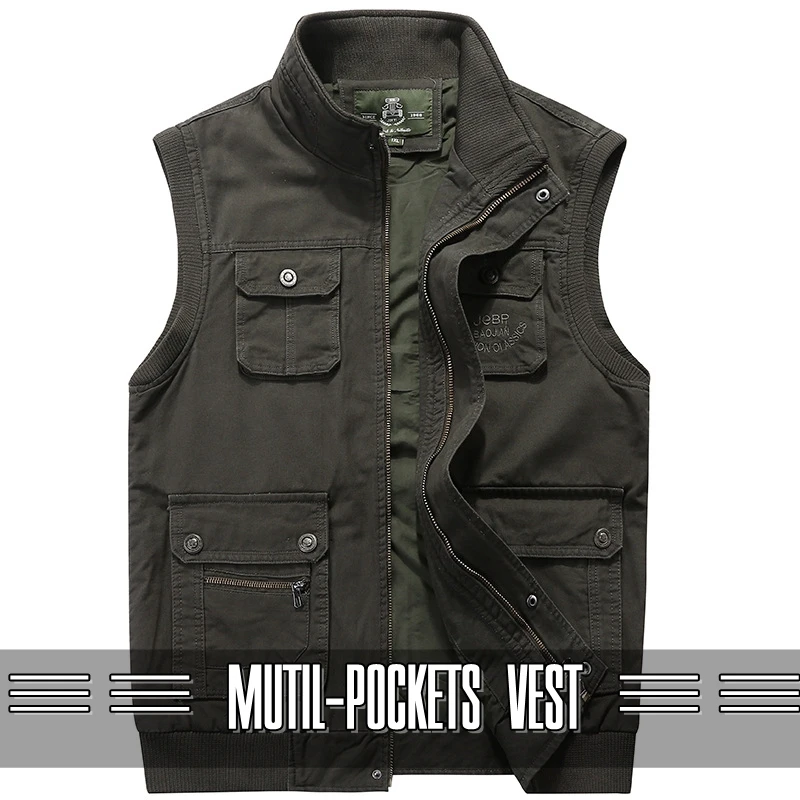 Vest Jacket Sleeveless Men Vest Male Many Pocket Waistcoat Photographer Autumn Unloading Tactical Stand Collar Multi Pocket Vest