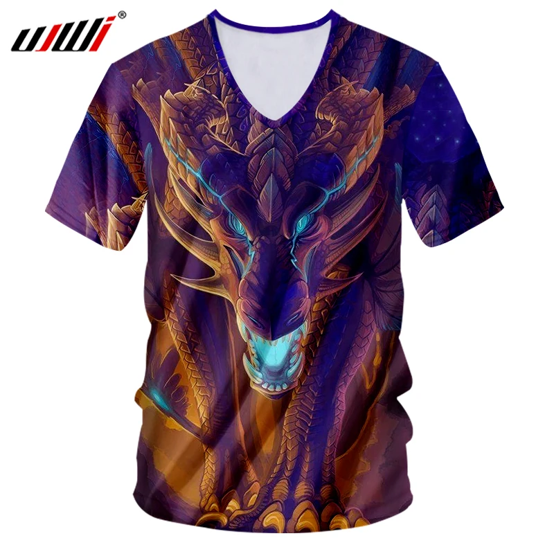 

UJWI Men's Casual Tshirt With V Neck Print Monster Dragon 3D T-shirt Homme Compression Shirt Short Sleeve Fitness T Shirt Tops
