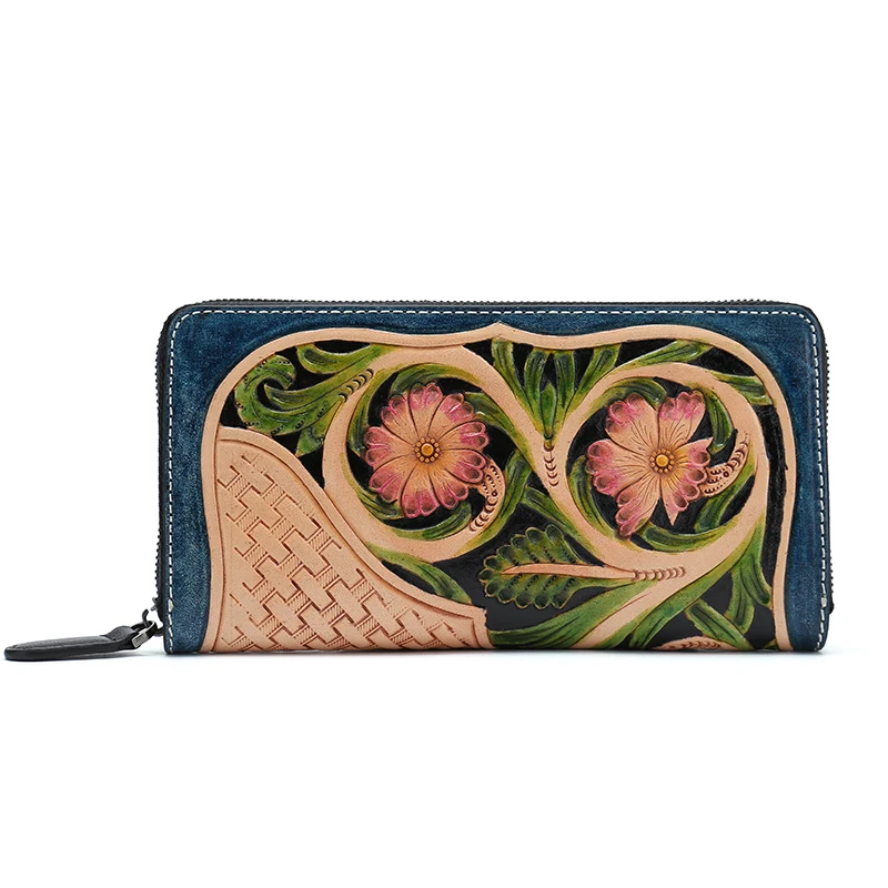 

hand carve vintage Flower Genuine Leather Wallets Wome Lady Purse womens wallets and purses