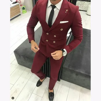 

Burgundy wedding Men Suit Double Breasted Jacket Slim Fit 2 Piece Tuxedo Groom Blazer Prom mens Suits