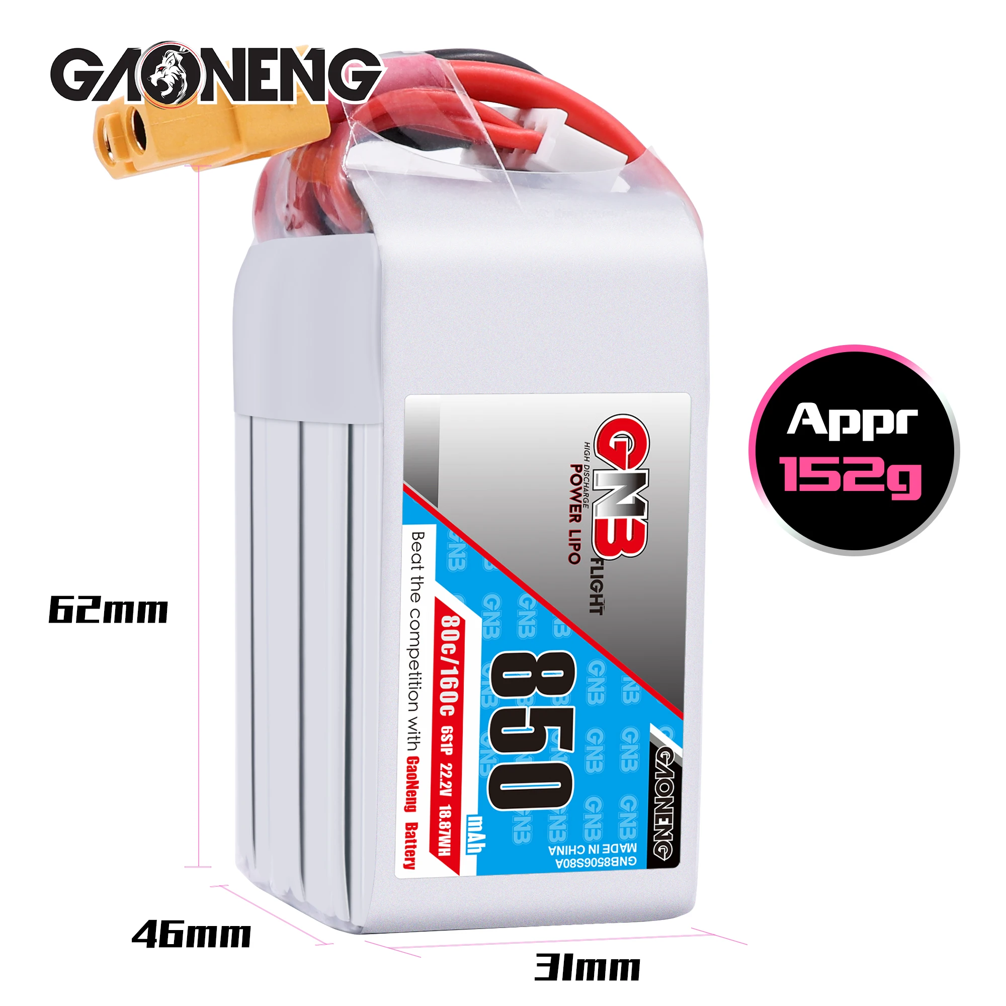 Gaoneng GNB 850mAh 22,2 V 6S 80C/160C Lipo батарея XT30 или XT60 разъем для FPV гоночный Дрон RC модели Мультикоптер рамка части