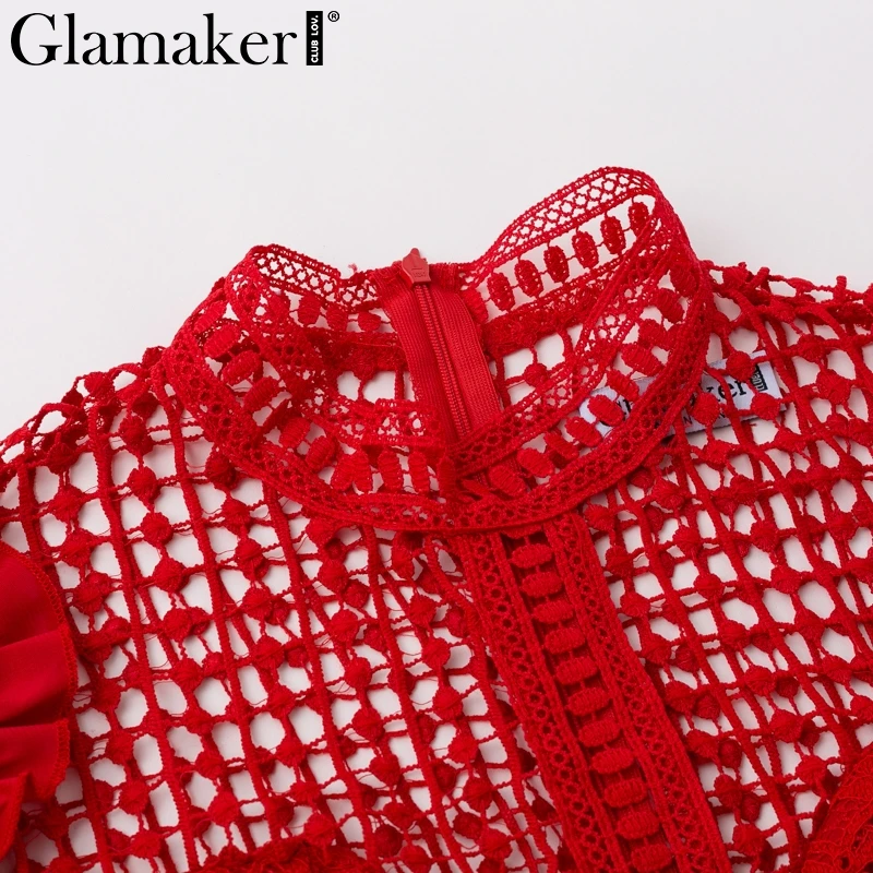 Glamaker Red ruffle hollow out lace summer dress Women vintage long sleeve short party dress Elegant sexy white bodycon dress