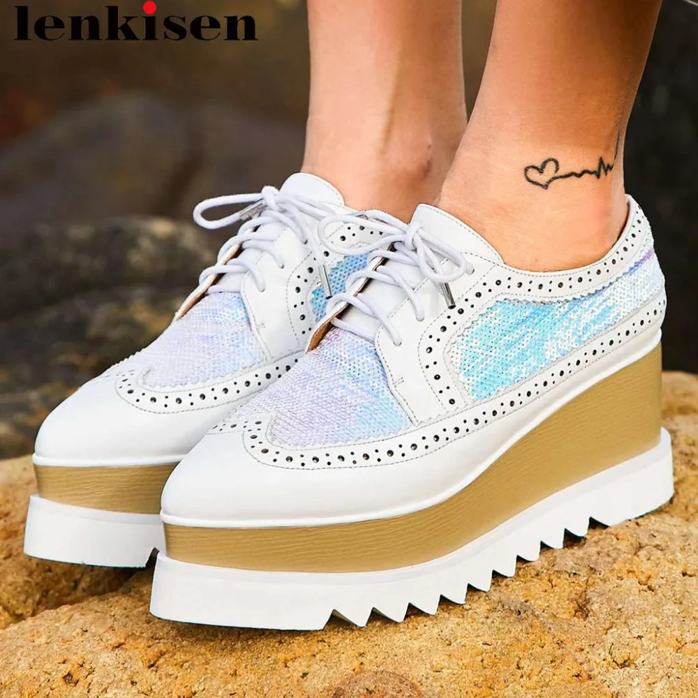 

Lenksien concise style wedges platform patchwork pointed toe lace up women pumps natural leather punk dating casual shoes L18