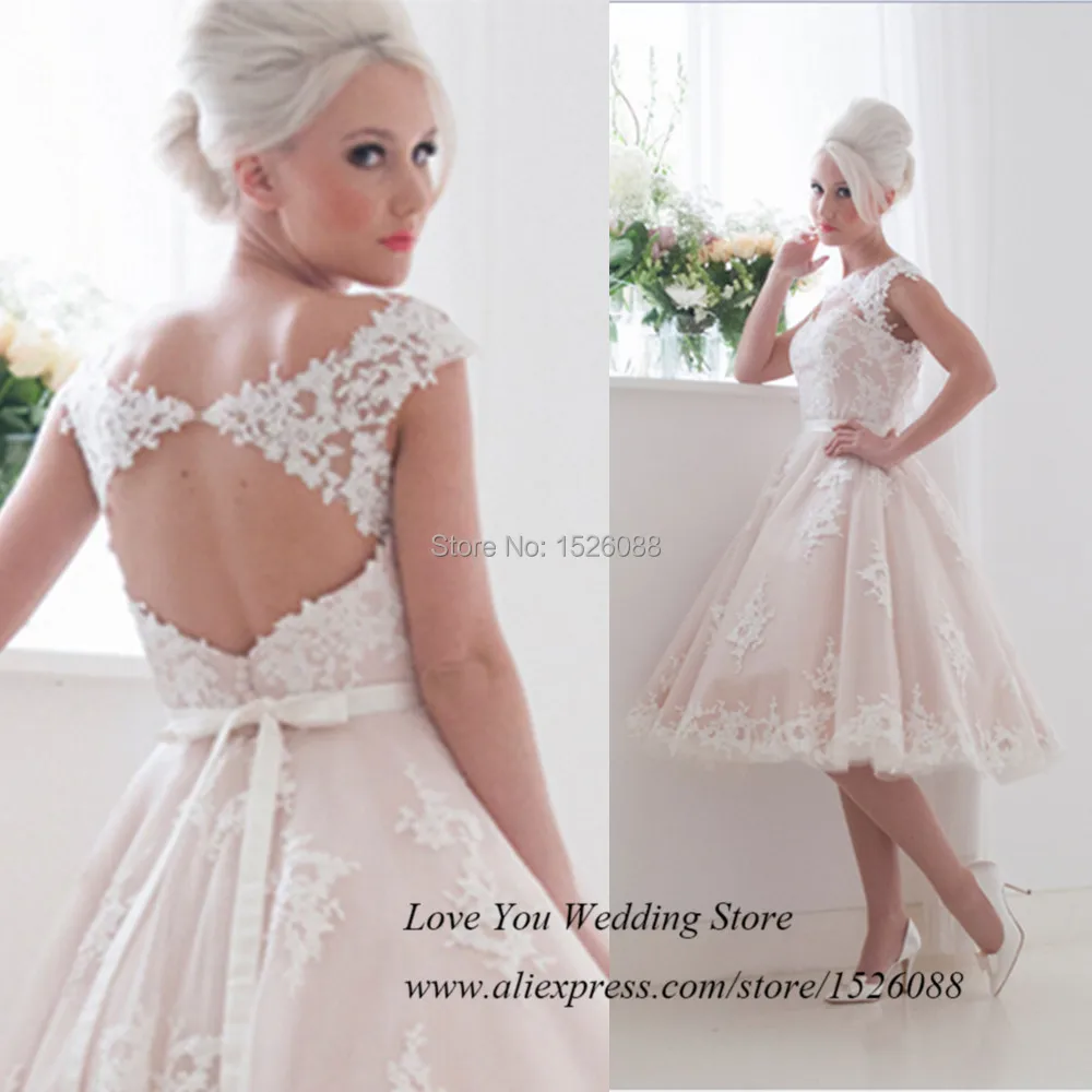 Cheap Vintage Pink Wedding Dress Short Lace Bride Dresses 2015 Princess