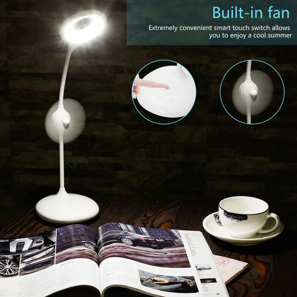 

Touch Switch High Brightness Built-in Rechargeable Battery Eye-protection 360 Rotating Lighting LED Table Lamp With Fan