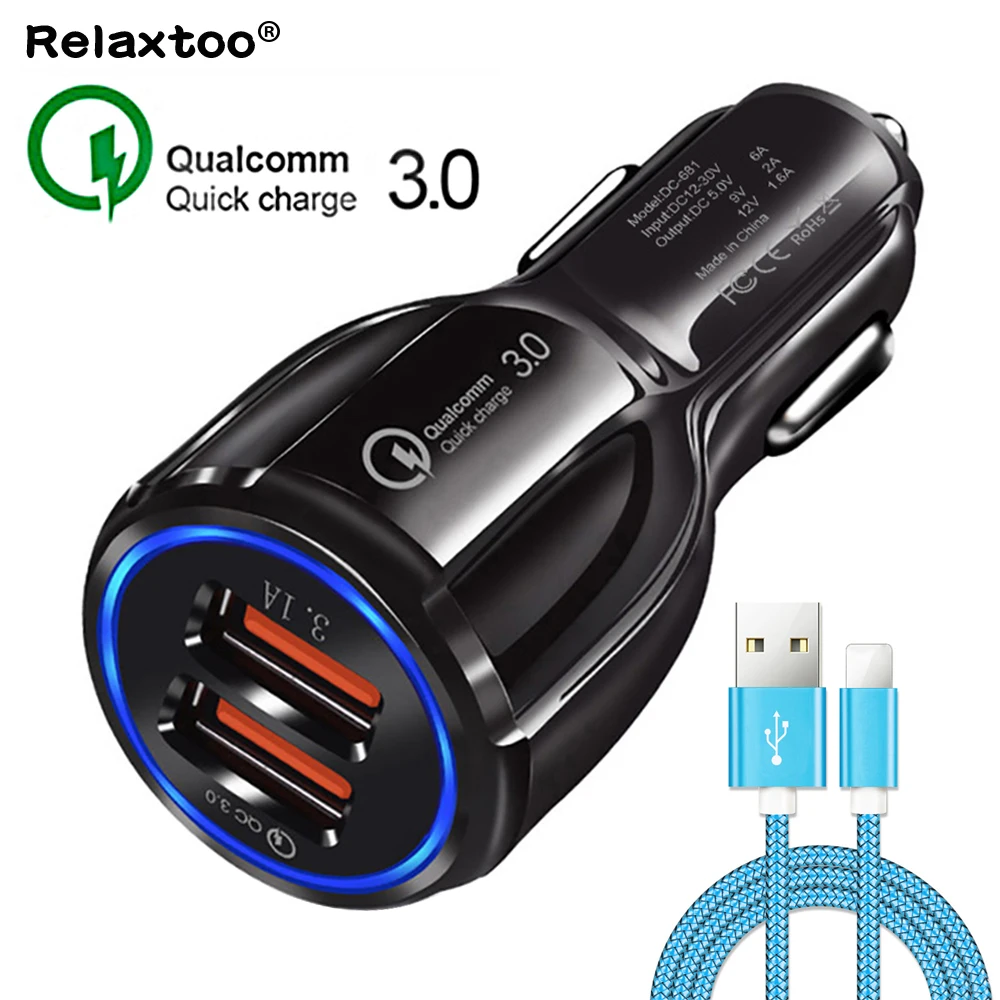 2 ports car charger Quick Charge 3.0 Dual charging micro usb cable For iphone 7 Samsung s9 xiaomi mi 8 Mobile phone Fast charger