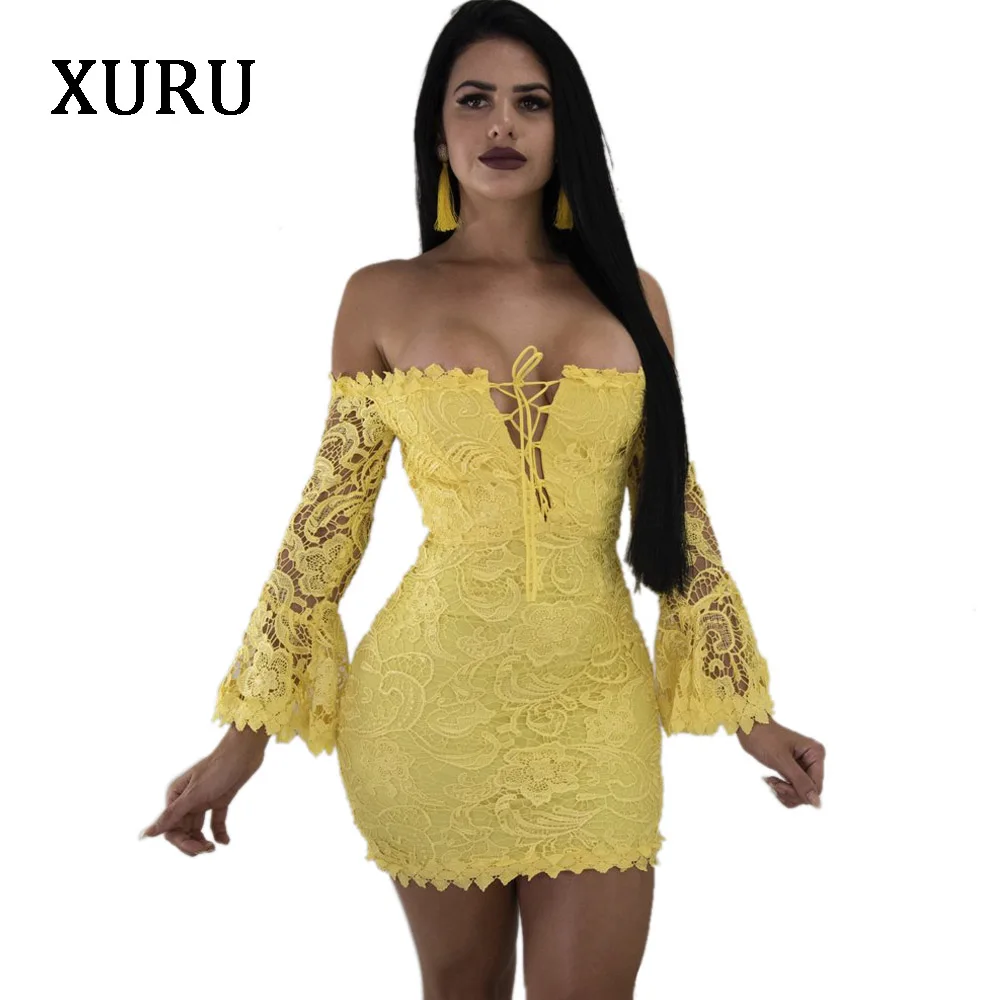 

XURU Women Off Shoulder Lace Dress White Yellow Black Ruffles Full Sleeve Slash Neck Bandage Dresses Sexy Party Club Mini Dress