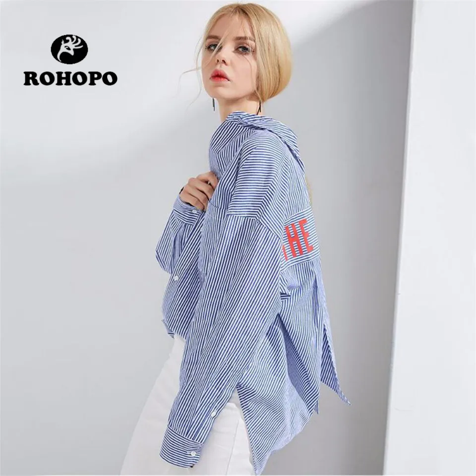 

ROHOPO female long sleeve blouse Preppy Girl Vertical Striped Casual Blouses Spring Women Back Letter Korea Bow loose Girl shirt
