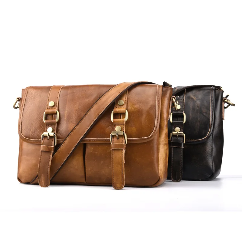 

Men's Cross Body Shoulder Bag Vintage Briefcase First Layer Cowhide Travel Male Genuine Tanned Leather Business Messenger Bags