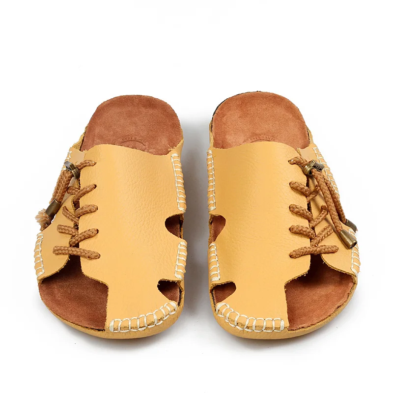 Clearance Sale !! US 8.5 Men Real Leather Casual Close Toe Slippers Outside Man Casual Sandals Slides Summer Shoes