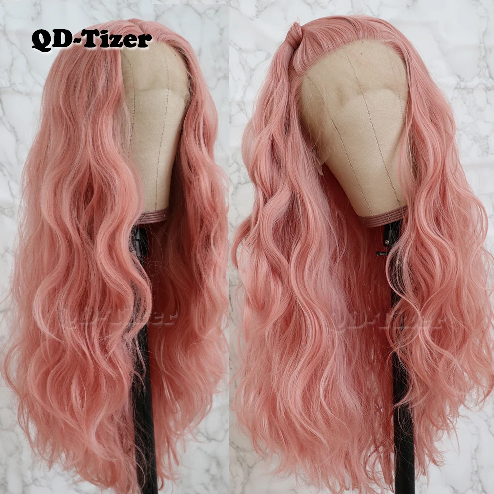 QD-Tizer Long Pink Hair Loose Wave Hair Lace Wigs Free Part Glueless Synthetic Lace Front Wigs for Fashion Women