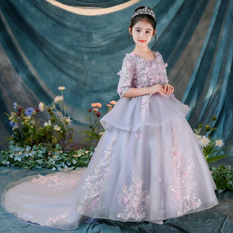 

Luxury Tailings Flower Girls Dresses Appliques Lace Kids Pageant Dress for Wedding Ball Gown First Holy Communion Dress D123