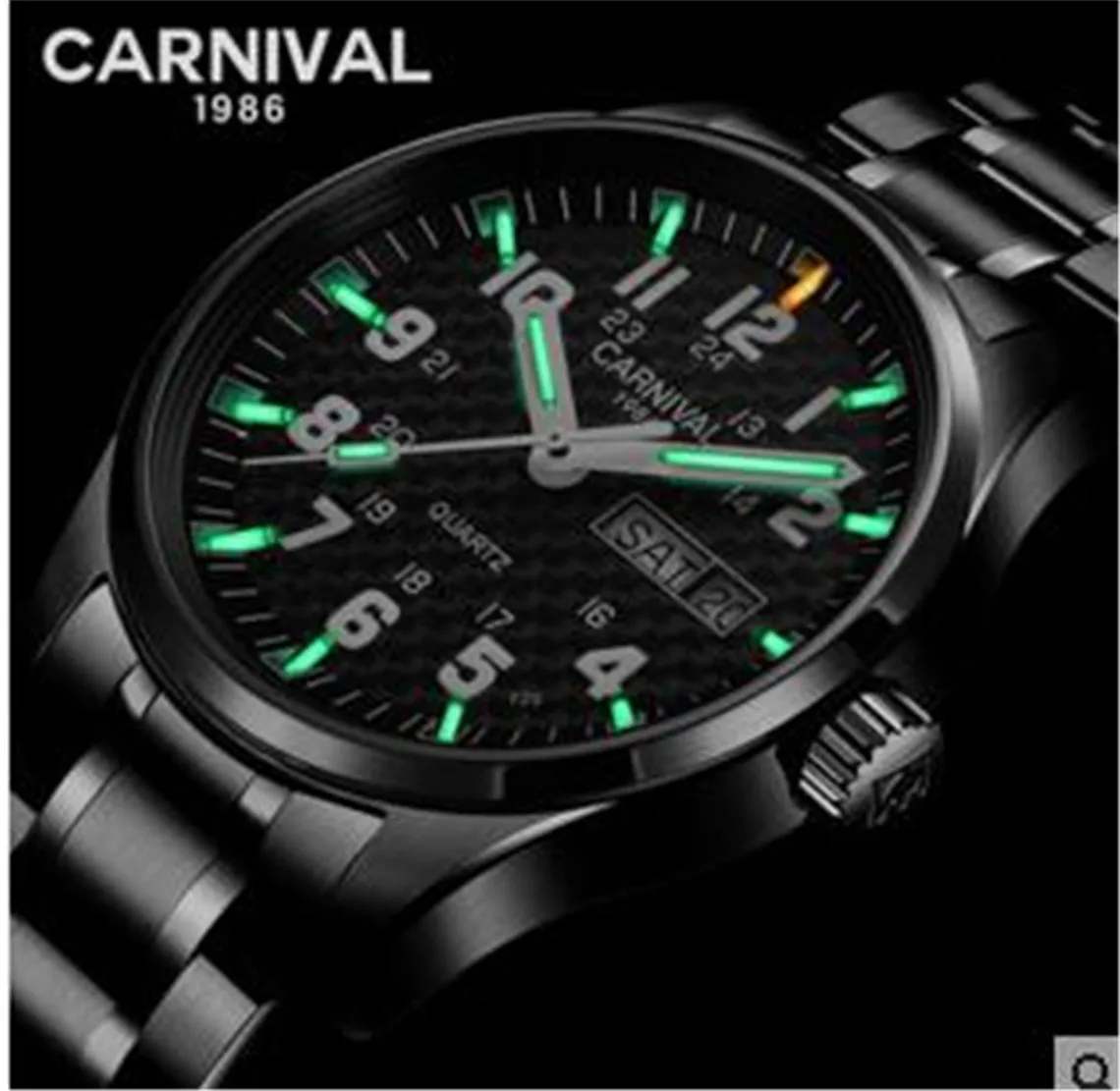  Carnival Men Tritium Light Watch T25 Date Day Quartz Japan Movement Tritium Gas Luminous Military W