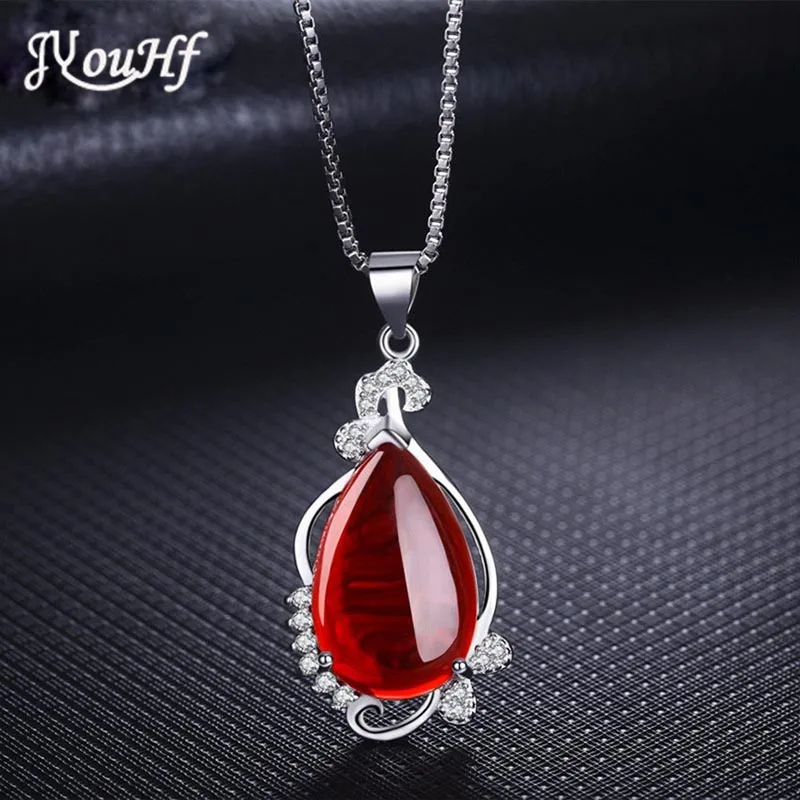 

JYouHF Fashion Luxury Pendant Necklaces Women Water Drop Red Green Stone Collier Jewelry CZ Diamond Ruby Necklace Collares Mujer