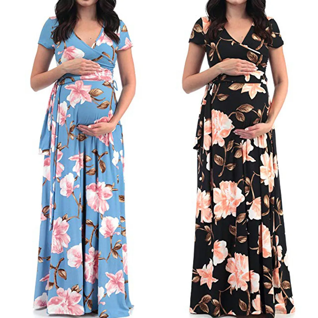 

Female pregnant women lactating sexy floral cotton dress pregnant women short-sleeved sexy printed bandage dress V-neck dress