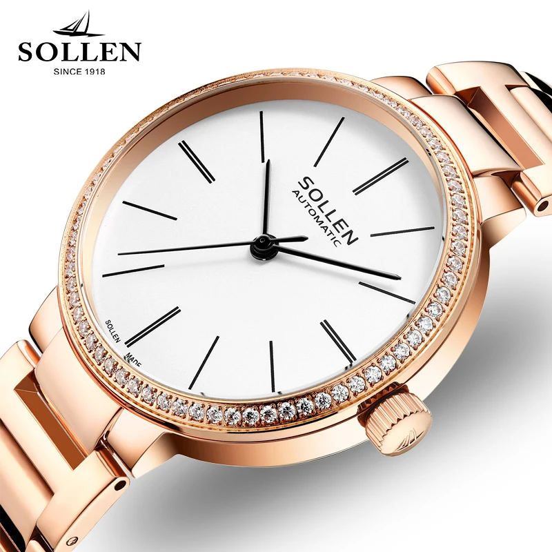

fashion luxury Brand SOLLEN Women Watches Ladies Clock Girl Casual automatic mechanical Watch Women Steel Bracelet WristWatch