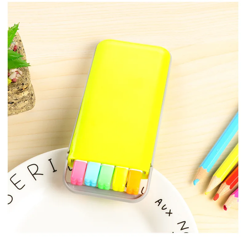 5pcs Candy Color Solid Highlighter Marker Pen Oblique Hilighter Permanent Pen Office School Stationery Kid Gifts Box Water Color