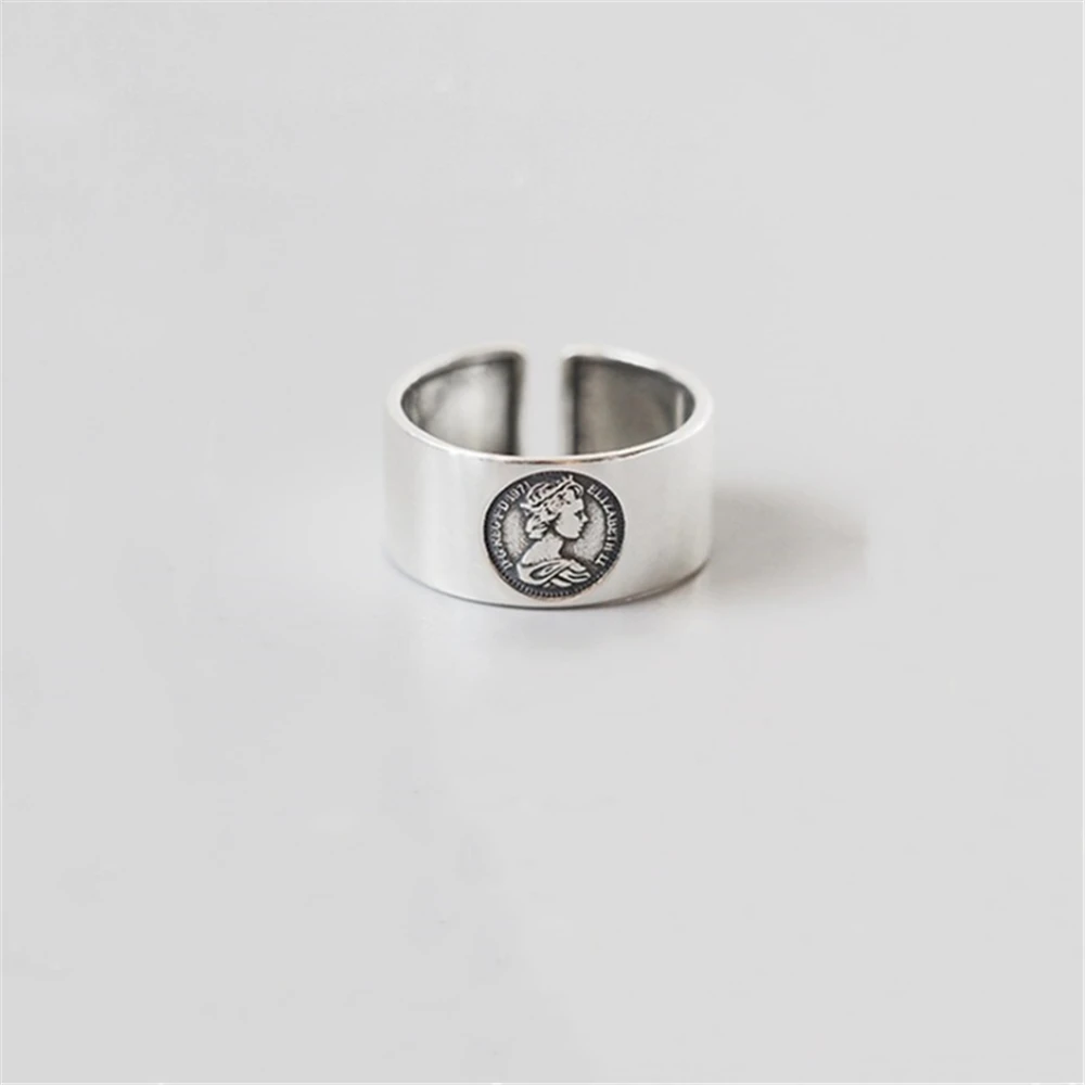 

punk 925 Sterling silver rings vintage dollar coin queen face portrait adjustable rings women silver statement Jewelry KJZ0391