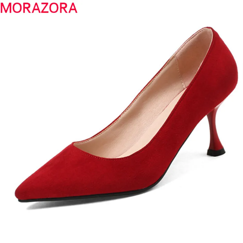 

MORAZORA 2020 new women pumps spring summer simple flock solid pointed toe comfortable thin heels shallow high heels shoes