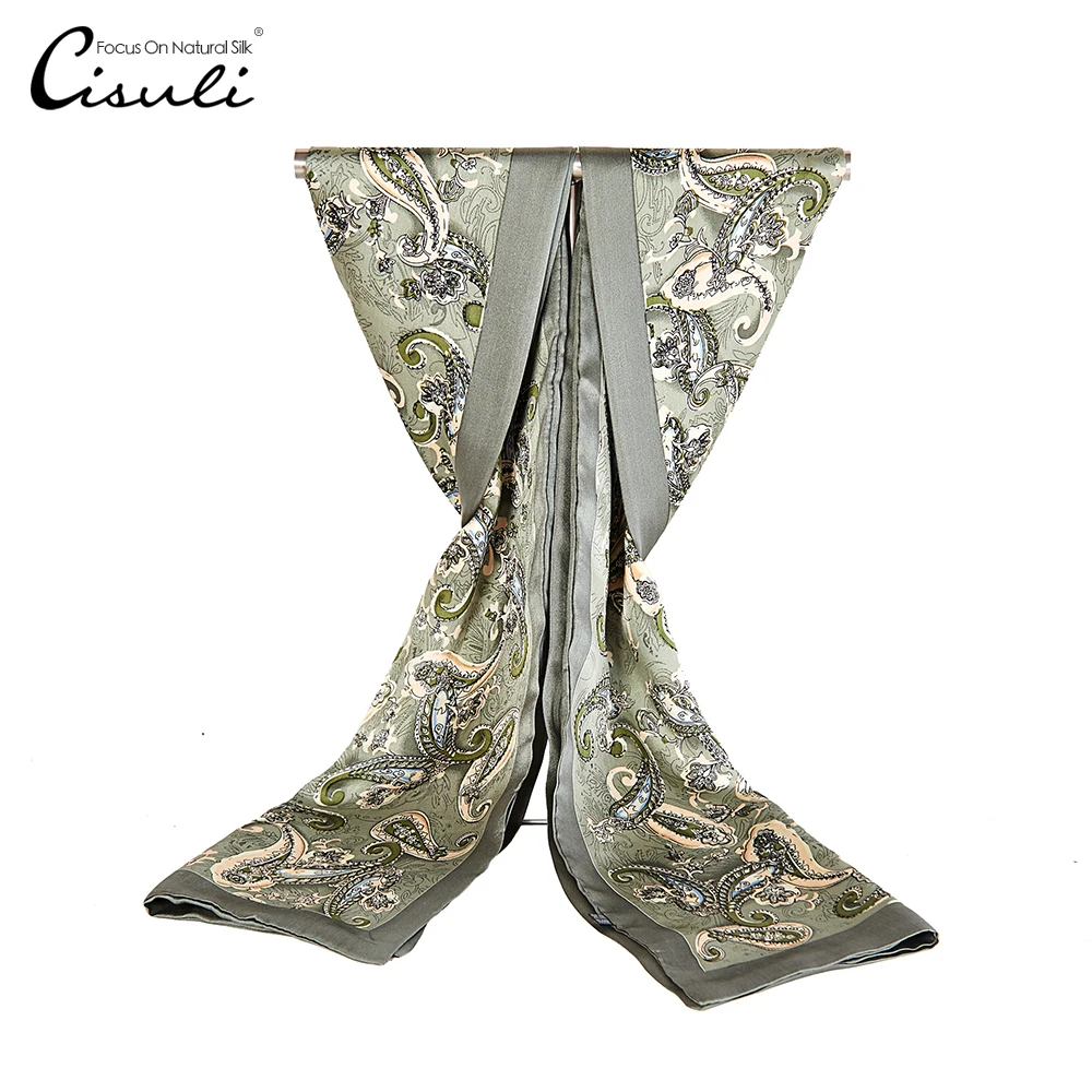 

CISULI 100%Silk Satin Long Scarf For Men 26X160cm New Desigual Classic Printed Pattern Gray Green Men Wrap