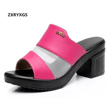 

2020 New Fish Mouth Summer Fashion Slippers Mesh Genuine Leather Sandals Women Shoes High Heel Sandals Slippers Plus Size 34-43