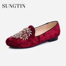 Sungtin/женские пикантные элегантные лоферы на плоской подошве ручной работы с кристаллами; бархатная обувь; Женская Весенняя обувь для подиума; удобные мокасины