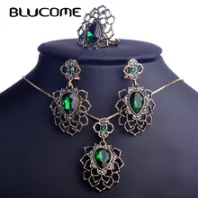 Blucome Турции Стиль зеленый ожерелье и Сережки в виде цветка кольцо наборы кулонов Для женщин банкета Свадебная церемония, вечеринка ежедневно ювелирные изделия Подарочный набор