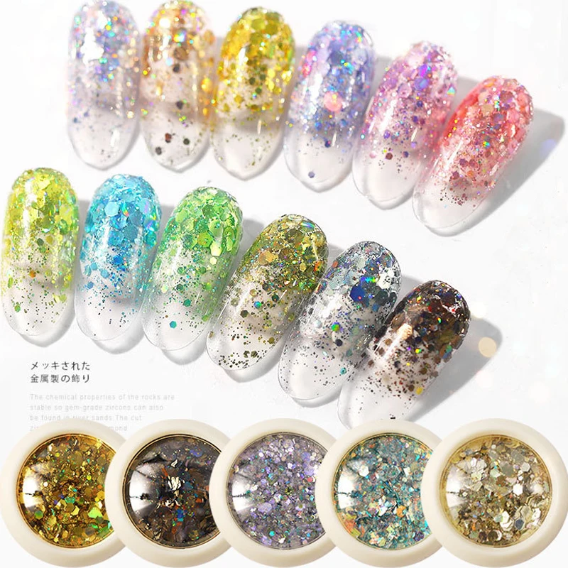 

6 Jars/Set Holographic Laser Mixed Nail Dip Powder Chrome Pigment 3D Mermaid Hexagon Ultra-thin Slices for Nail Art Manicure Set