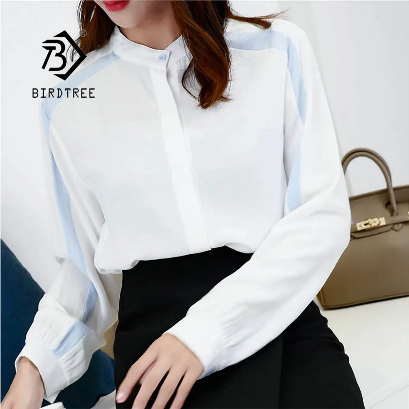 

2019 NEW Solid Sweet Shirt Office Lady Wear Button Up Long Sleeve Cotton Stand Blouse Feminina HOT Sale T8D504M